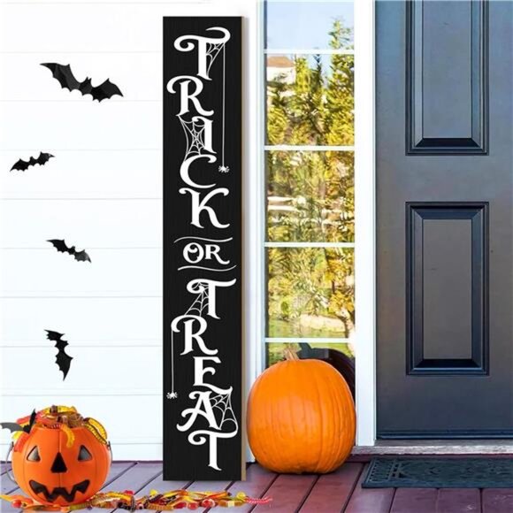 Halloween Porch Sign Decor "Trick or Treat" Wooden Hanging Sign Door Porch - Picture 1 of 8